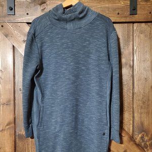 Prana L Teal Blue Gray Grey Sweatshirt Dress with Cowl Neck and Pockets